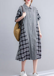 Loose Black Peter Pan Collar Plaid Patchwork Button Long Dress Summer