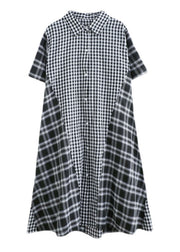 Loose Black Peter Pan Collar Plaid Patchwork Button Long Dress Summer