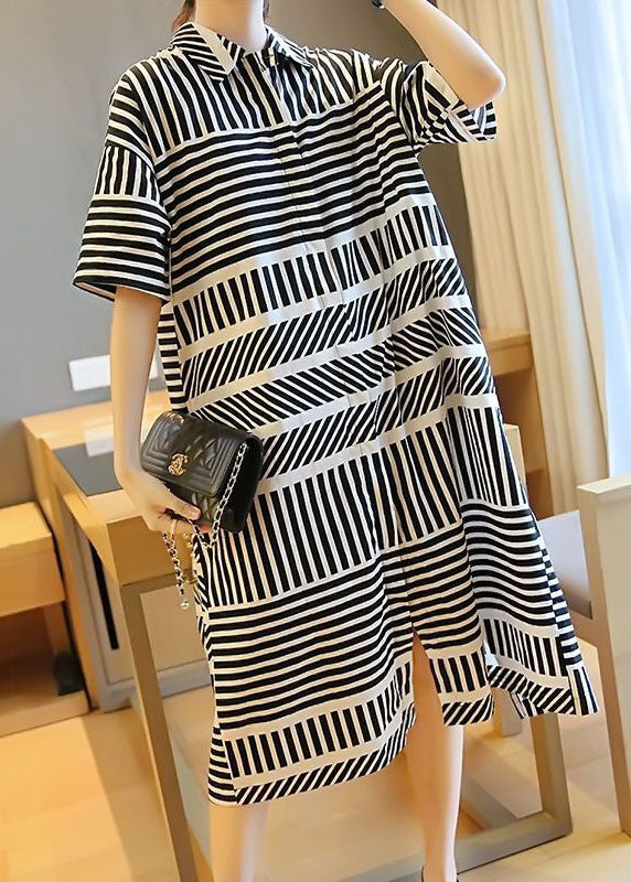 Loose Black Peter Pan Collar Striped Side Open Shirt Dress Summer