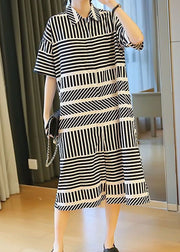 Loose Black Peter Pan Collar Striped Side Open Shirt Dress Summer