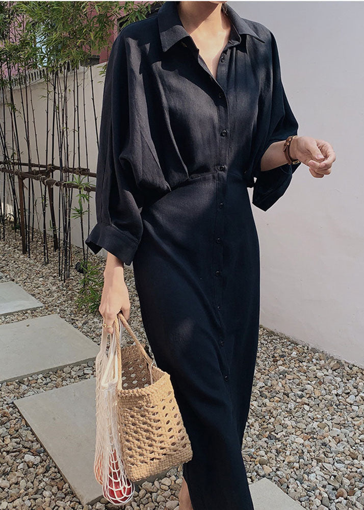 Loose Black Peter Pan Collar Tie Waist Cotton Shirt Dresses Spring