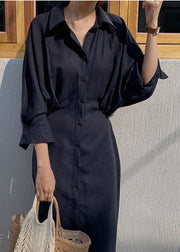 Loose Black Peter Pan Collar Tie Waist Cotton Shirt Dresses Spring