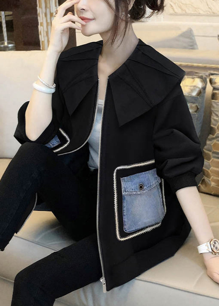 Loose Black Peter Pan Collar Zip Up Patchwork Cotton Coat Long Sleeve