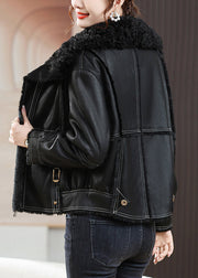 Loose Black Peter Pan Collar Zippered Fuzzy Fur Coats Winter