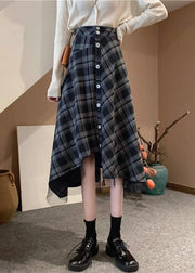 Loose Black Plaid Asymmetrical Design Button Cotton Skirts Summer