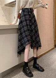 Loose Black Plaid Asymmetrical Design Button Cotton Skirts Summer