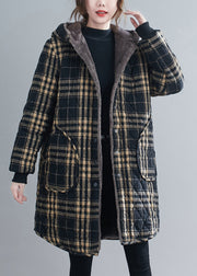 Loose Black Plaid Hooded Pockets Warm Fleece Parka Winter