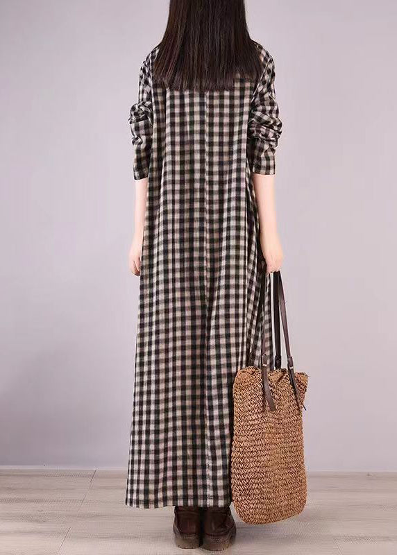 Loose Black Plaid O Neck Pockets Patchwork Cotton Dress Fall