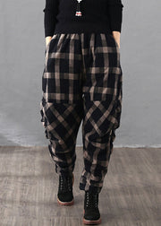 Loose Black Plaid Wrinkled Pockets Cotton Filled Pants Fall