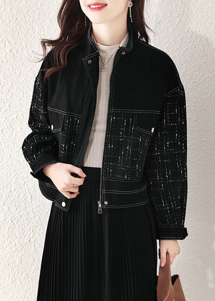 Loose Black Plaid Zip Up Patchwork Denim Coat Fall