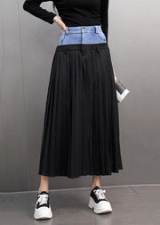 Loose Black Pockets Denim Patchwork High Waist Maxi Skirts Spring