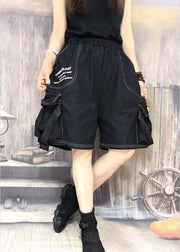 Loose Black Pockets Elastic Waist Cotton Wide Leg Pants Summer