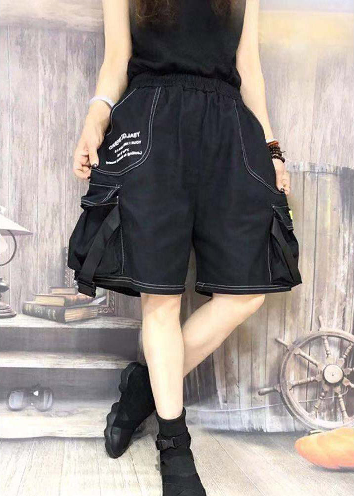 Loose Black Pockets Elastic Waist Cotton Wide Leg Pants Summer