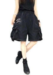 Loose Black Pockets Elastic Waist Cotton Wide Leg Pants Summer