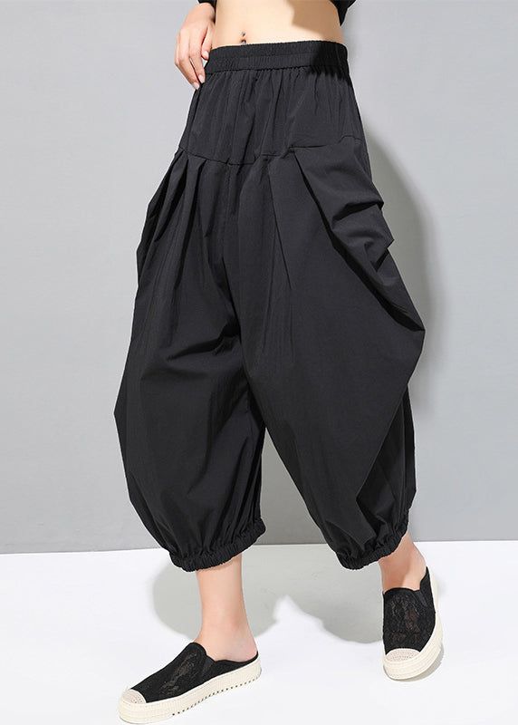 Loose Black Pockets Elastic Waist Crop Pants Fall