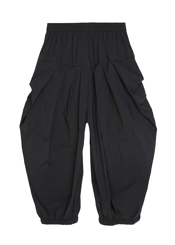 Loose Black Pockets Elastic Waist Crop Pants Fall