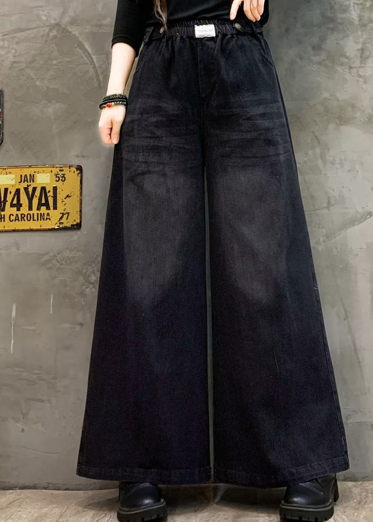 Loose Black Pockets Elastic Waist Denim Wide Leg Pants Fall