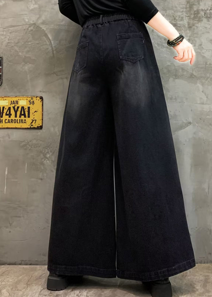 Loose Black Pockets Elastic Waist Denim Wide Leg Pants Fall