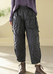 Loose Black Pockets Elastic Waist Thick Warm Pants Winter