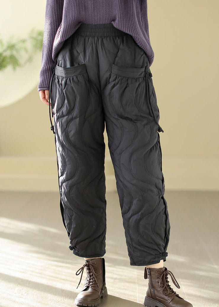 Loose Black Pockets Elastic Waist Thick Warm Pants Winter