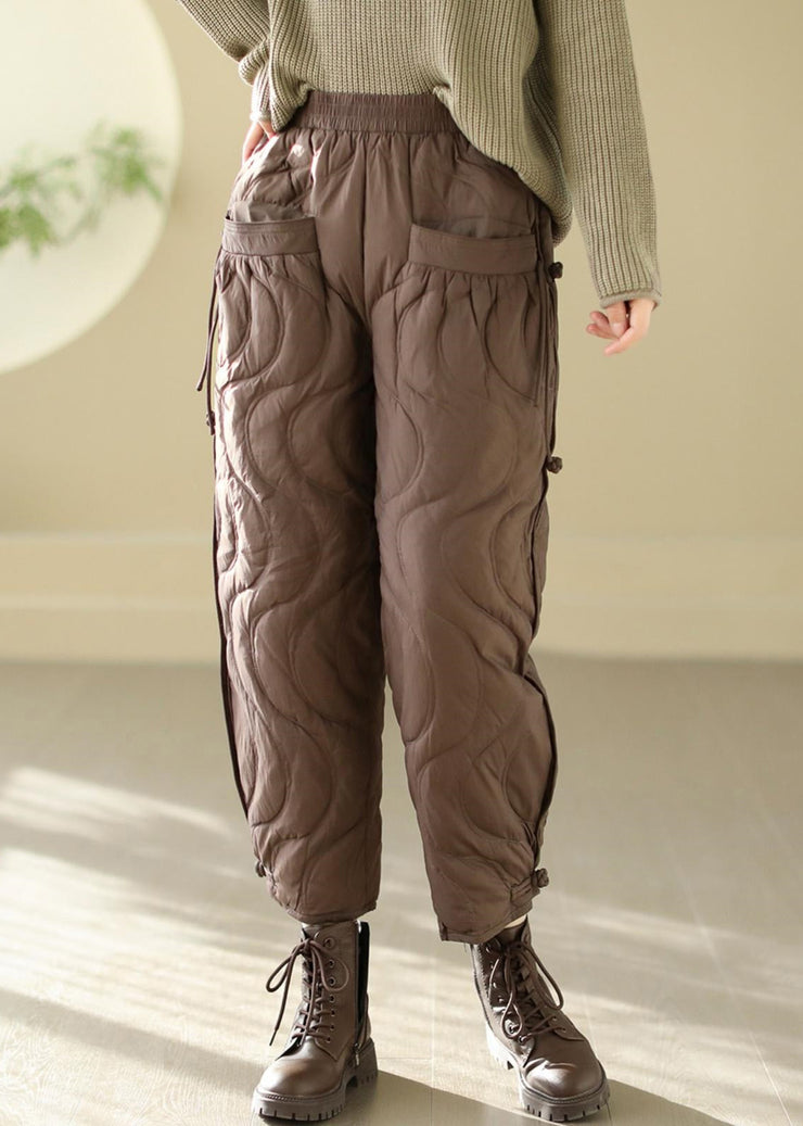 Loose Black Pockets Elastic Waist Thick Warm Pants Winter