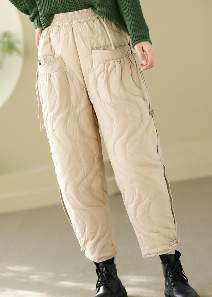 Loose Black Pockets Elastic Waist Thick Warm Pants Winter