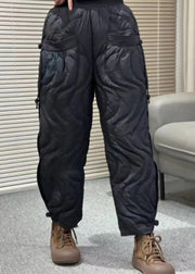 Loose Black Pockets Elastic Waist Thick Warm Pants Winter