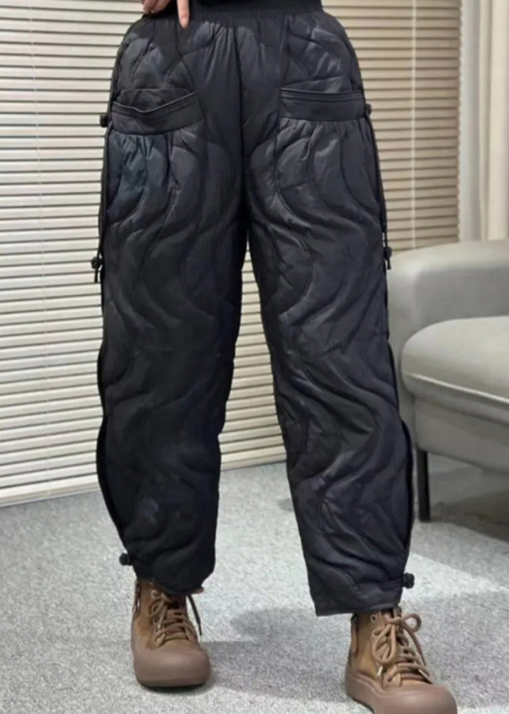 Loose Black Pockets Elastic Waist Thick Warm Pants Winter