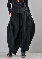 Loose Black Pockets Elastic Waist Wide Leg Pants Fall