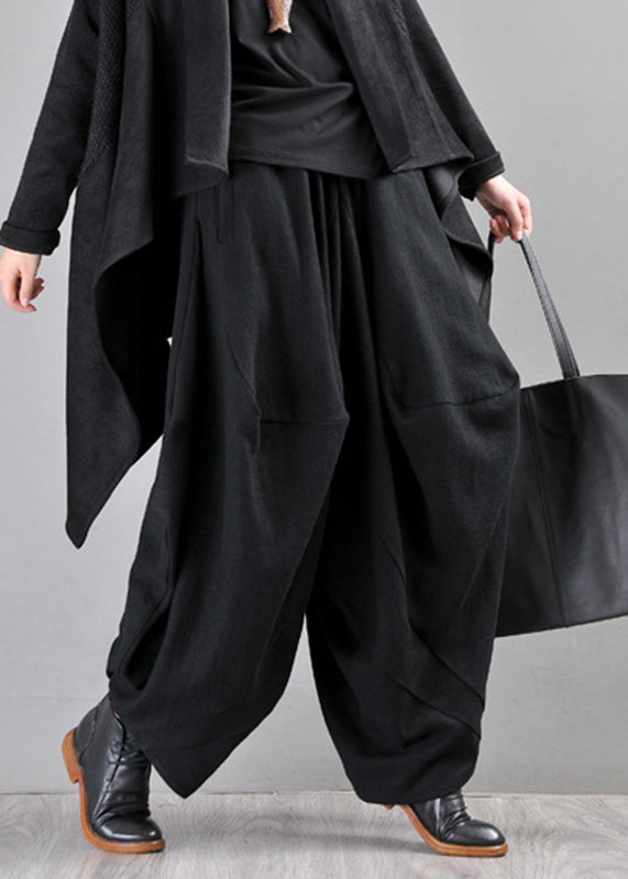 Loose Black Pockets Elastic Waist Wide Leg Pants Fall