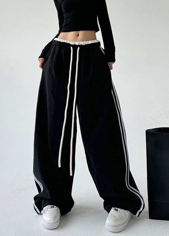 Loose Black Pockets Patchwork Drawstring Wide Leg Pants Spring