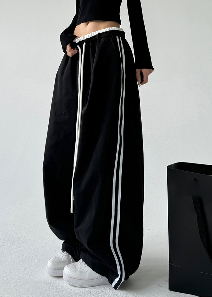 Loose Black Pockets Patchwork Drawstring Wide Leg Pants Spring