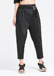 Loose Black Pockets Patchwork Elastic Waist Crop Pants Fall