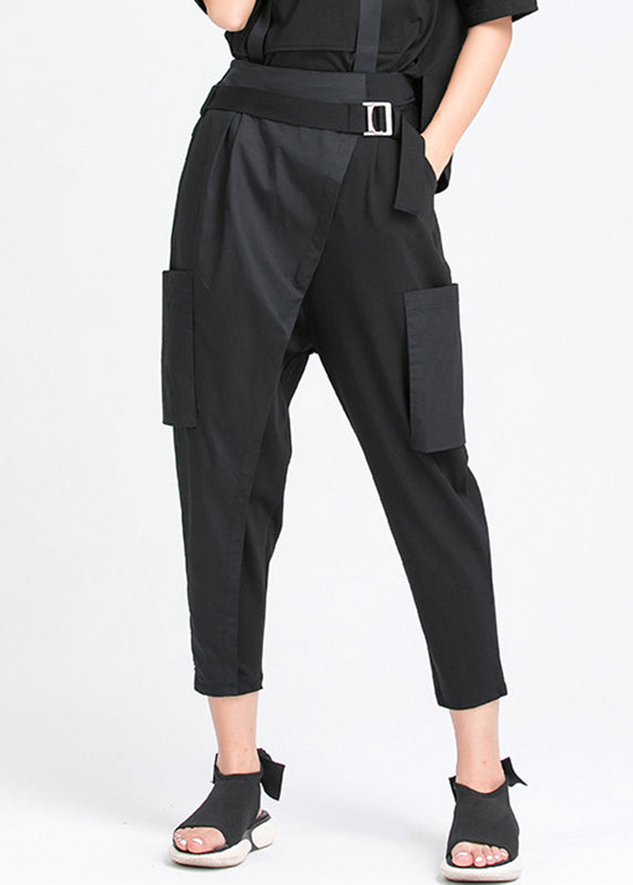 Loose Black Pockets Patchwork Elastic Waist Crop Pants Fall