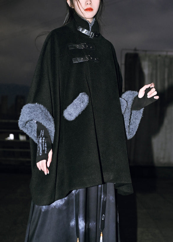 Loose Black Pockets Patchwork Warm Fleece Coats Batwing Sleeve