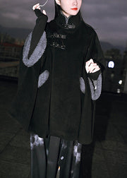 Loose Black Pockets Patchwork Warm Fleece Coats Batwing Sleeve