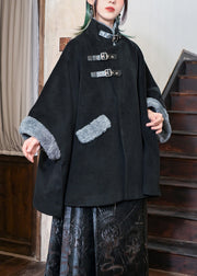 Loose Black Pockets Patchwork Warm Fleece Coats Batwing Sleeve