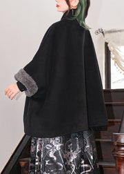 Loose Black Pockets Patchwork Warm Fleece Coats Batwing Sleeve