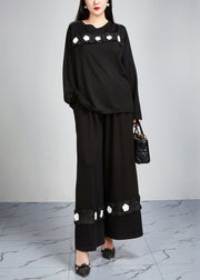 Loose Black Pockets Tops And Wide Leg Pants Cotton Two-Piece Set Fall