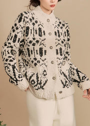 Loose Black Print Button Cotton Knit Cardigan Spring