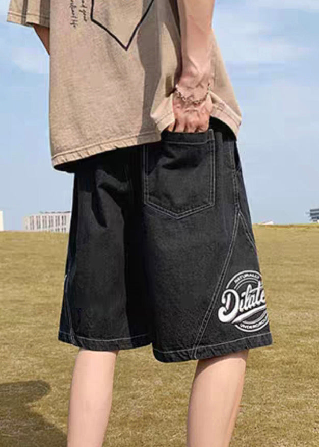 Loose Black Print Elastic Waist Denim Men Shorts Summer