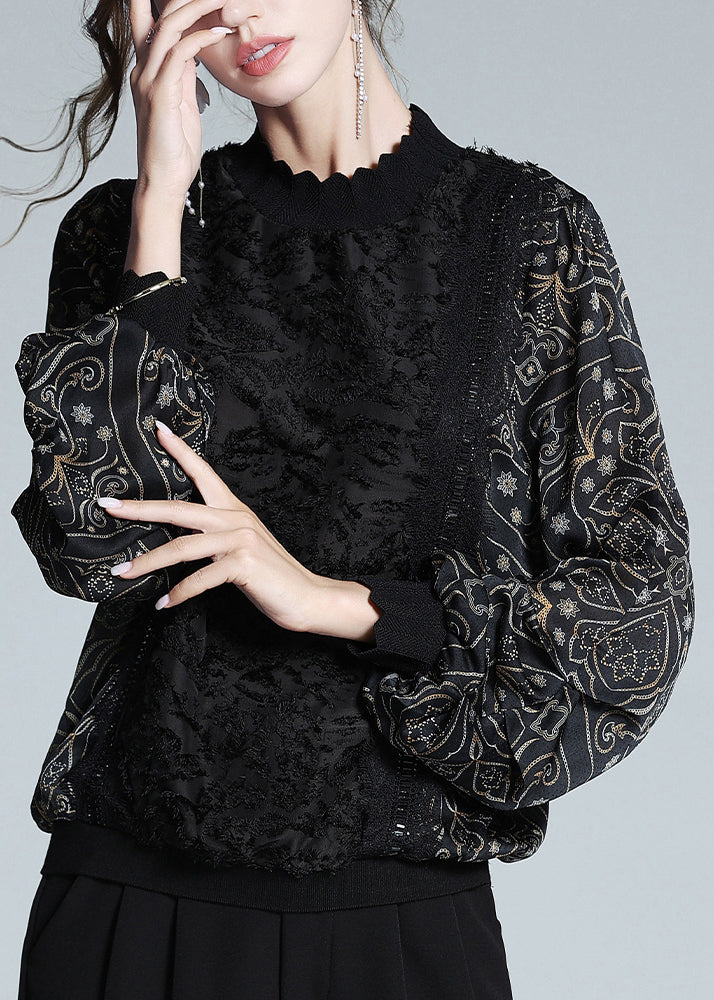 Loose Black Print Lace Patchwork Warm Fleece T Shirt Winter