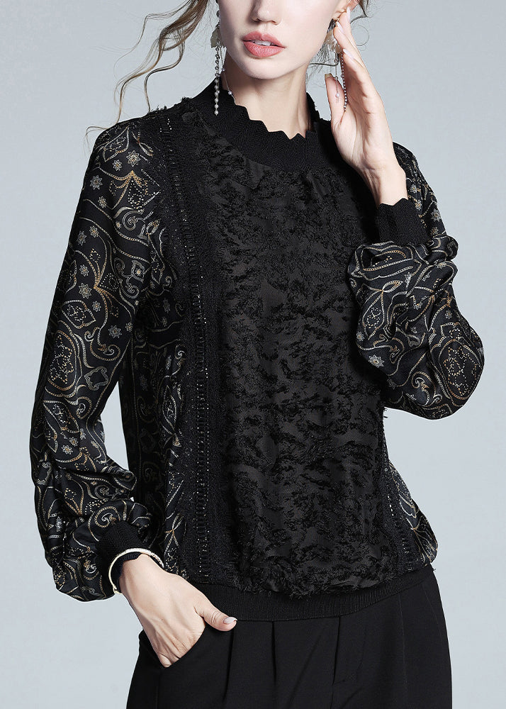 Loose Black Print Lace Patchwork Warm Fleece T Shirt Winter