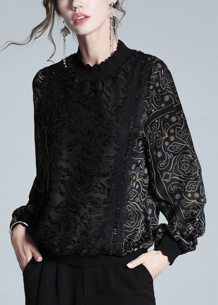 Loose Black Print Lace Patchwork Warm Fleece T Shirt Winter