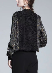 Loose Black Print Lace Patchwork Warm Fleece T Shirt Winter