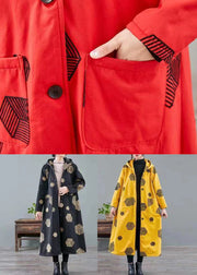 Loose Black Print Patchwork Warm Fleece Hooded Coat Winter