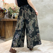 Loose Black Print Pockets Elastic Waist Wide Leg Pants Spring