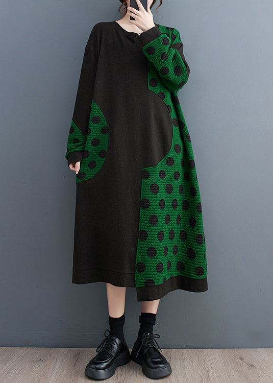 Loose Black Print Pockets Patchwork Cotton Long Dresses Fall