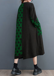 Loose Black Print Pockets Patchwork Cotton Long Dresses Fall