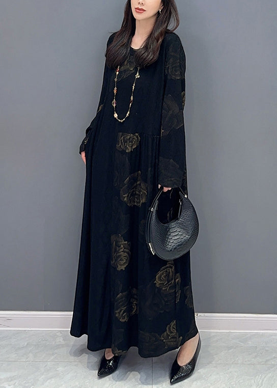 Loose Black Print Pockets Patchwork Cotton Long Dresses Long Sleeve